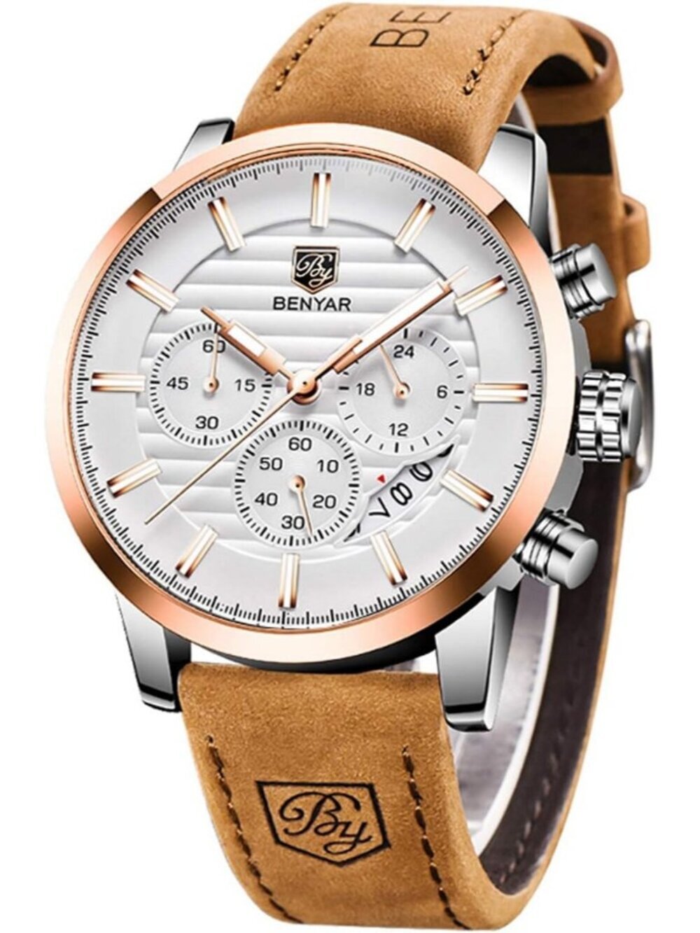 Mens Brown Silver Analog Quartz Leather Strap Chronograph Waterproof Wrist Watch
